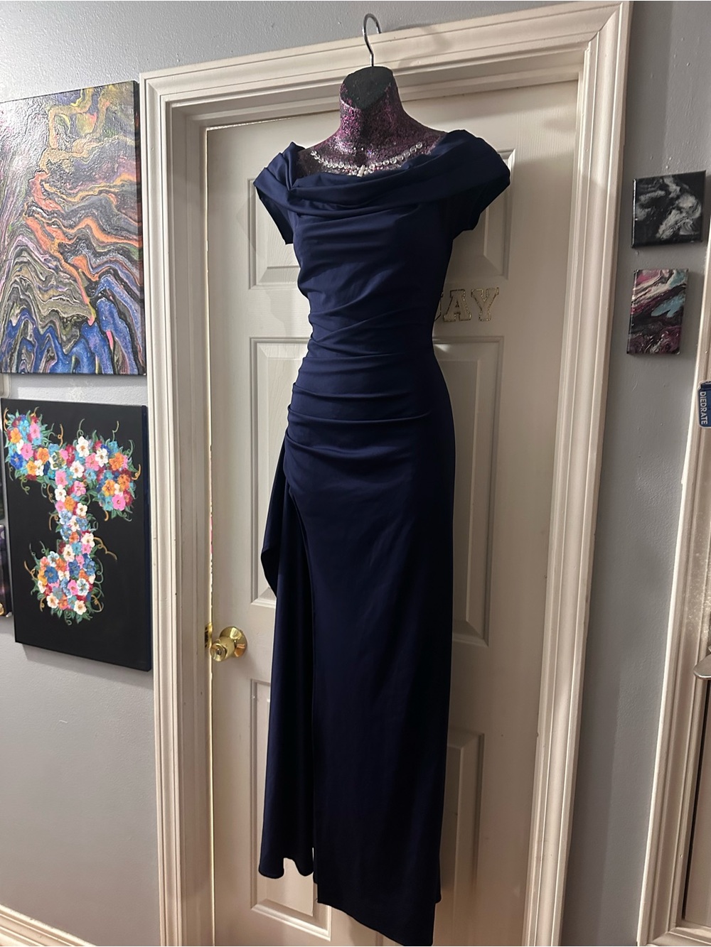 Off-Shoulder Navy Evening Gown with Draped Bodice